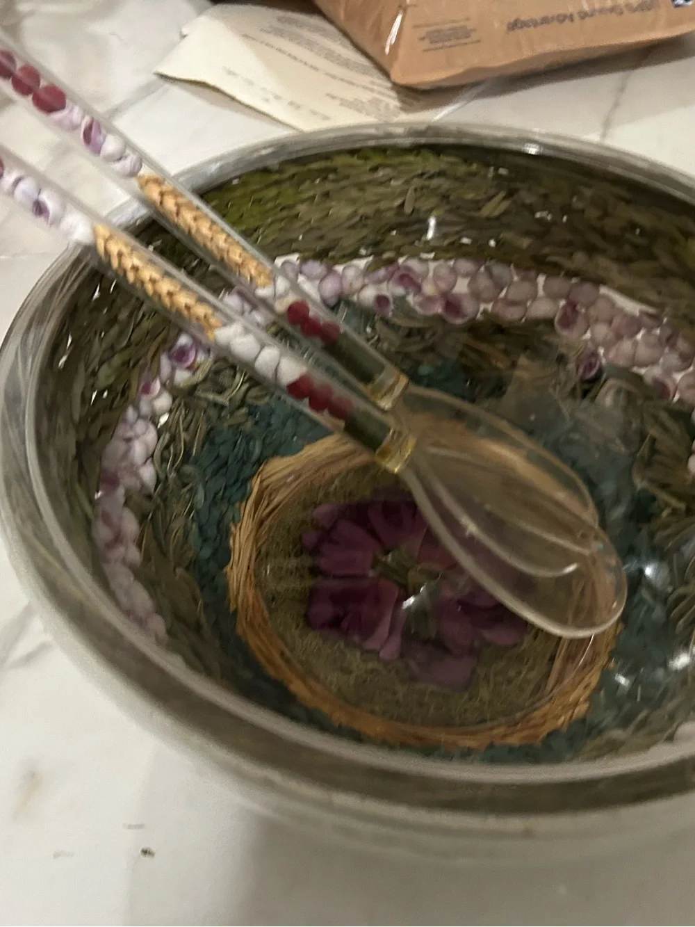 Rare MCM Lucite Double Wall Salad Bowl & Servers Set Dried Flowers Shells Wheat